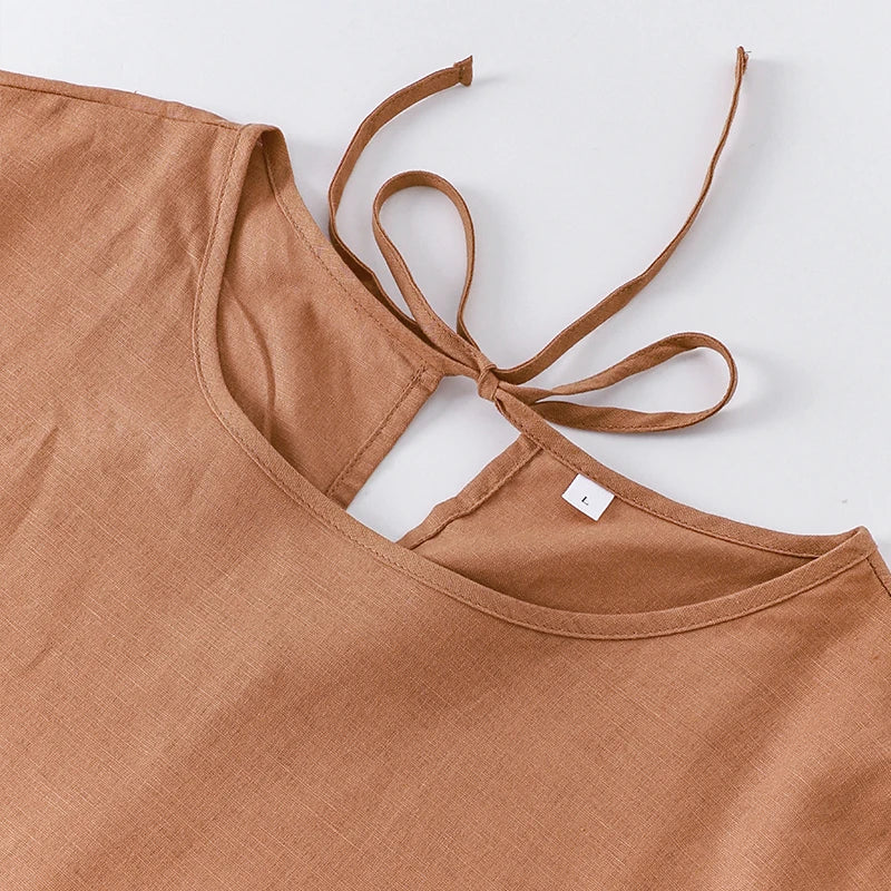 Women Cotton Linen Midi Dresses Summer Chic Female Vestidos Loose A-Line Dress Short Puffy Sleeve Casual Sundress