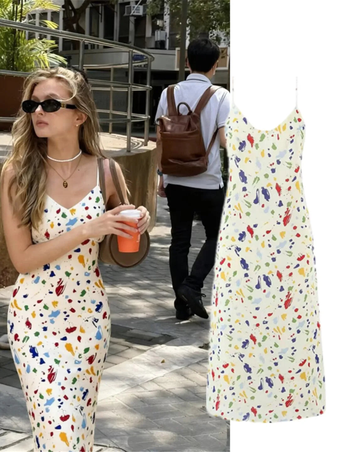 French Style Spotted Print Sexy Backless Belted  Knot Waist Cinching Strapless Dress Holiday Casual V-Neck Sundress