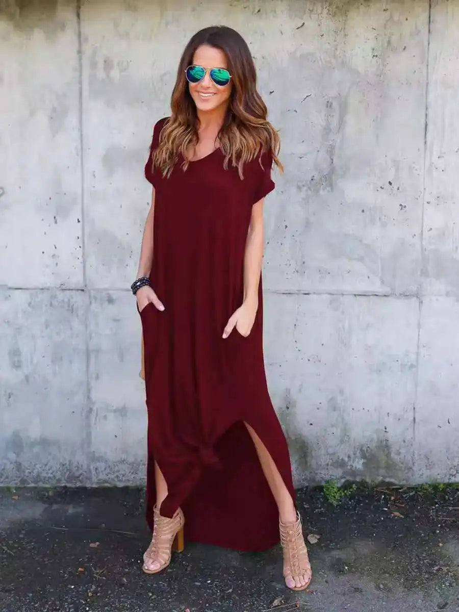 Pure Color Splice Short Sleeve V-Neck Slit Long Dress Loose Fit Women's Summer Cotton Polyester Maxi Dress Citywalk