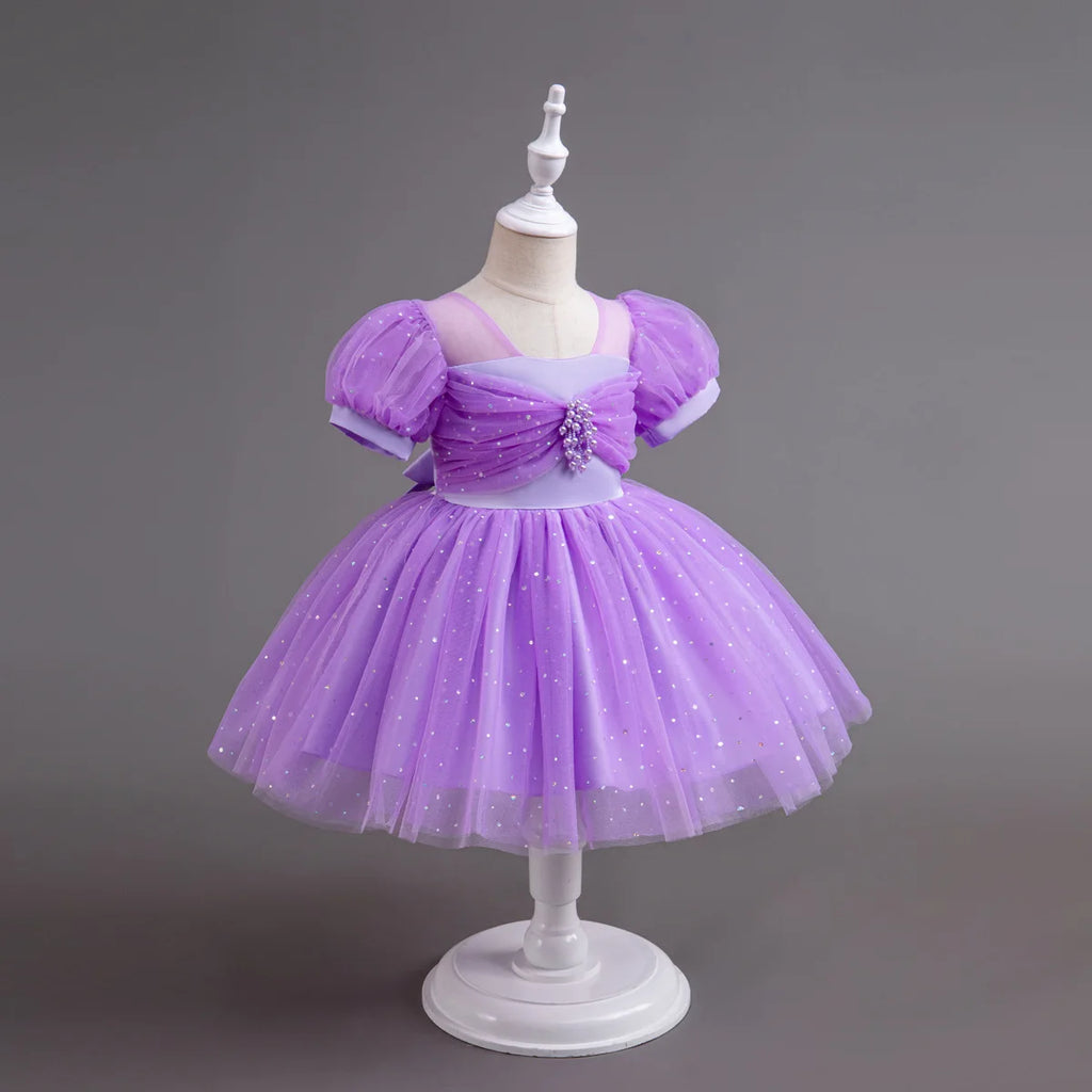 HETISO Pearls Bowknot Kids Girls Dresses Summer Tulle Vintage Elegant Princess Party Gown Children's Gift
