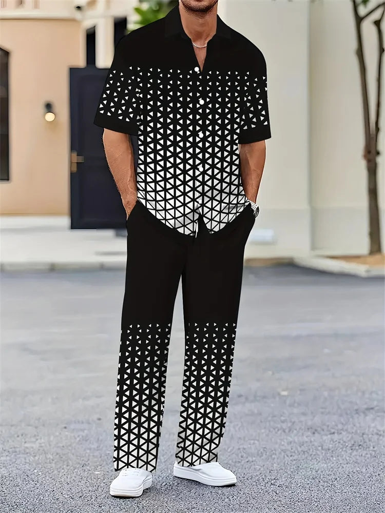 Mens Geometric Color Block Short Sleeve Two Piece Set For Autumn Casual Comfort And Fashion