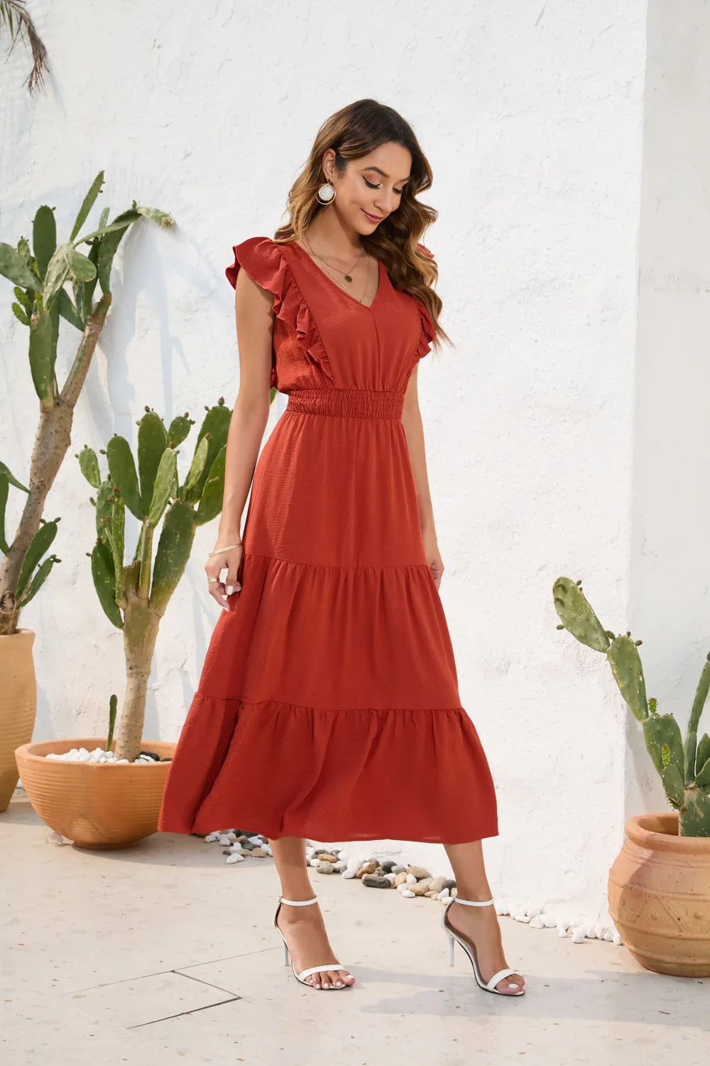 VigoCasey 2026 Summer Female Solid Long Dress Women Sexy Ruffle Sleeveless V Neck Long Dress Lady Casual High Waist Dresses