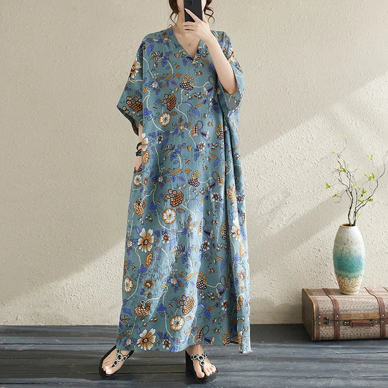 Summer Fashion Print Short Sleeve Dress V-Neck Conceal Hip Large Size Women's Dress Retro Commute Style Cotton Long Dress