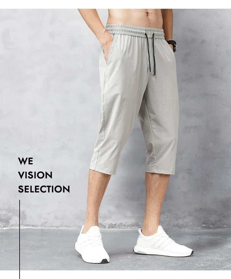 3/4 Length Men's Shorts Quick Drying Ice Silk Summer Breeches Male Long Calf Bermuda Board Beach Elastic Big Size Nylon Stretch