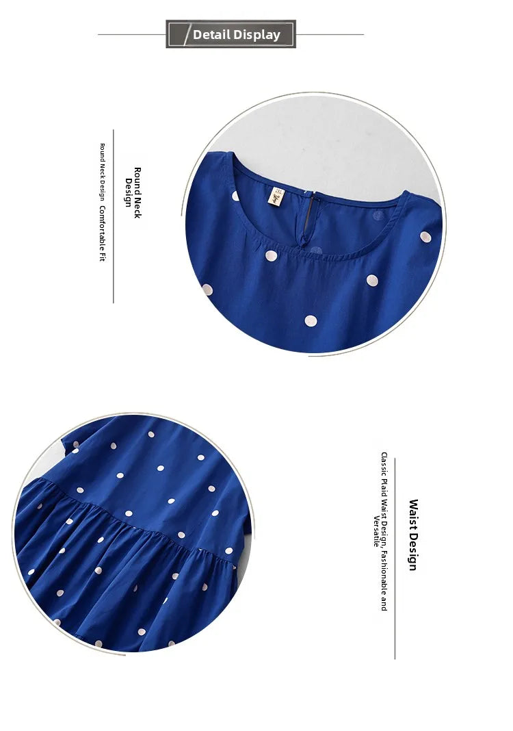 High-End Blue Pure Cotton Floral Print Dress Women's Summer 2025 round Neck Long Dress Polka Dot Skirt Comfortable A-Line