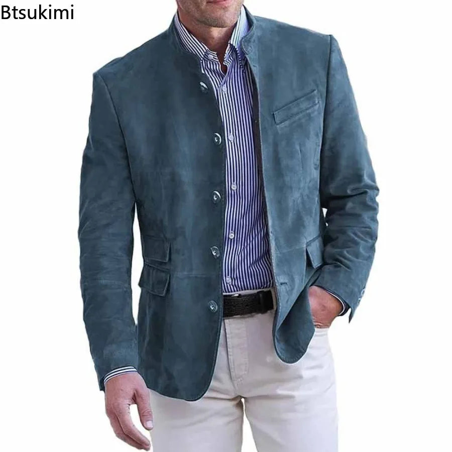 New Men's Business Casual Suit Jacket Autumn Winter Fashion Commuter Daily Basic Blazer Solid Stand Collar Jacket Men's Clothing