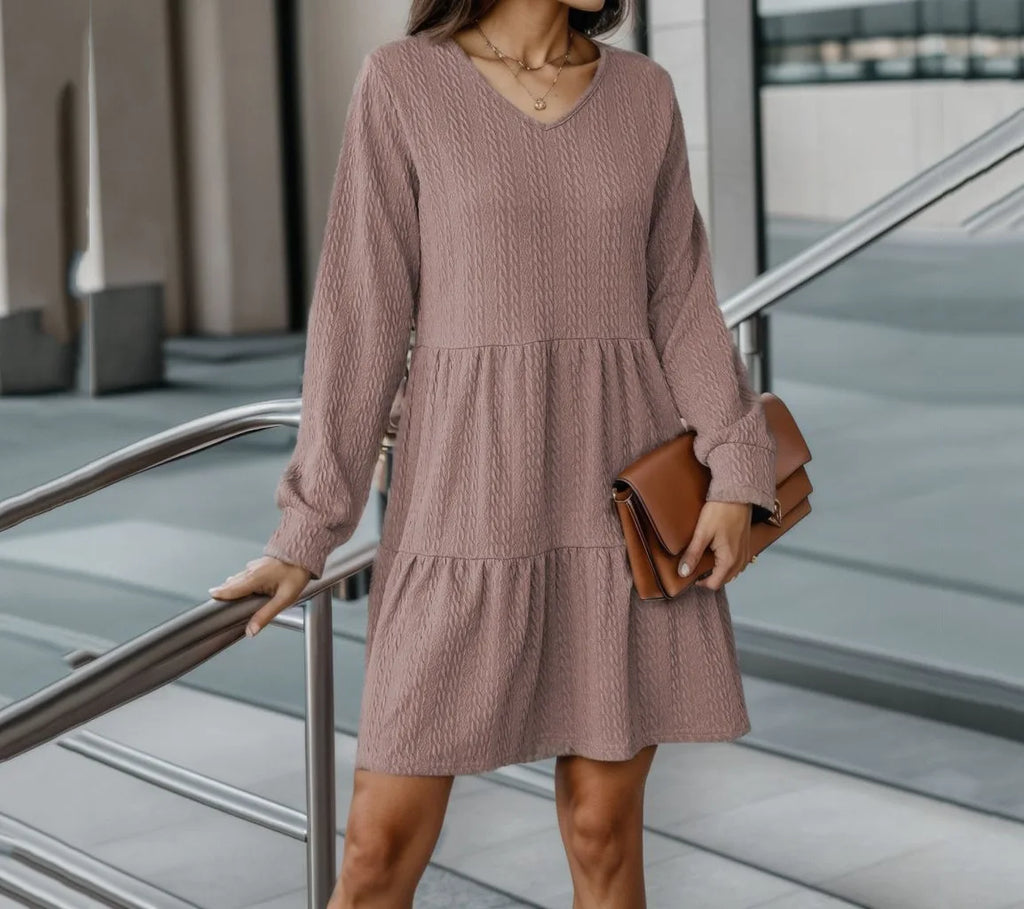Women's autumn fashion V-neck solid color stitching long sleeve loose dress