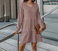 Women's autumn fashion V-neck solid color stitching long sleeve loose dress