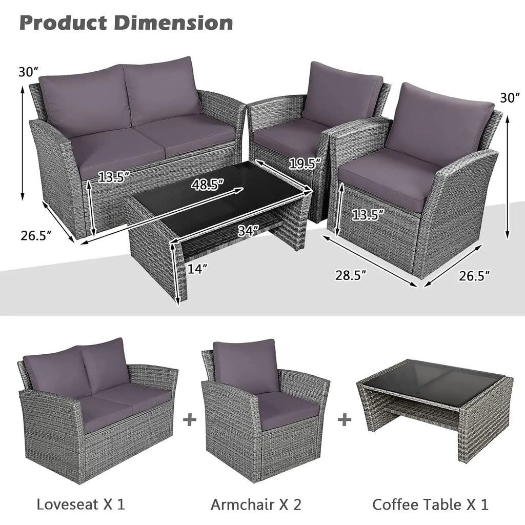 4PCS Patio Rattan Furniture Set Outdoor Sofa with Cushions & Coffee Table for Garden Porch Balcony, Customized