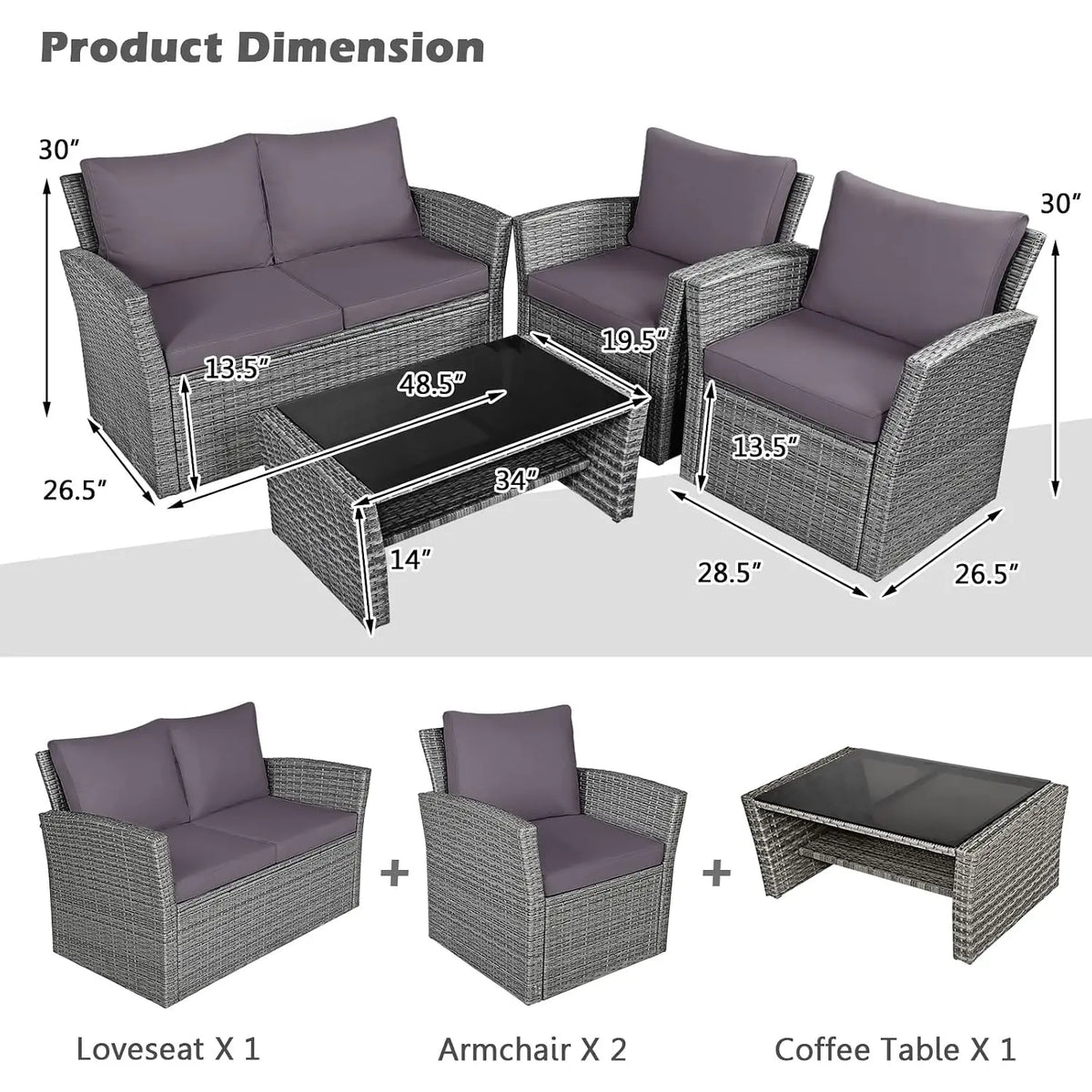 4PCS Patio Rattan Furniture Set Outdoor Sofa with Cushions & Coffee Table for Garden Porch Balcony, Customized