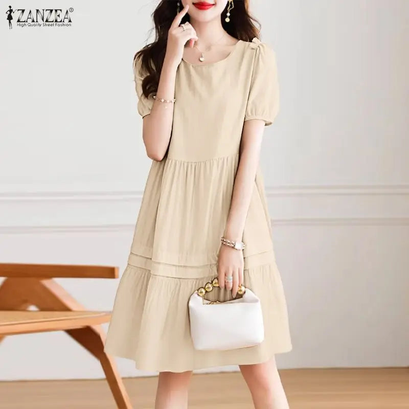 Fashion Summer Sundress ZANZEA Women Casual Short Sleeve O Neck Dresses 2026 Eleagnt Solid OL Work Dress Holiday Pleated Vestido