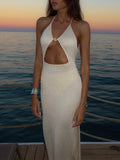 Women's Knit Halter V-Neck Maxi Dress – Backless Slit Beach Cover-Up
