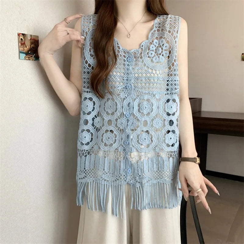 French Elegant Sleeveless Lace Hollow out Top Women's Summer New Design Asymmetrical Outerwear Vest Cover up Polyester Fabric