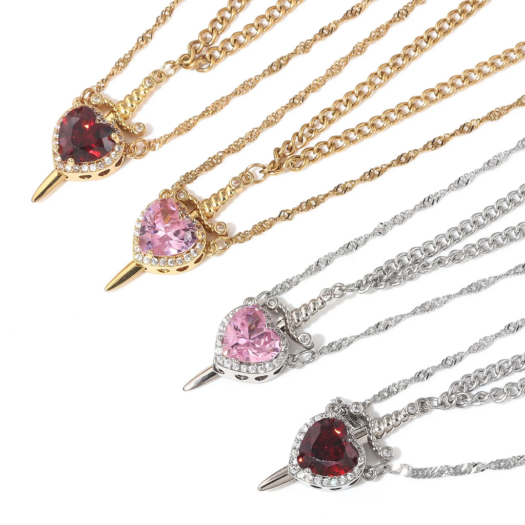 Heart and Sword Necklace Couple Necklaces Zircon Crystal Ring Bracelet Necklace Jewelry Set for Romantic Valentine's Day Gifts