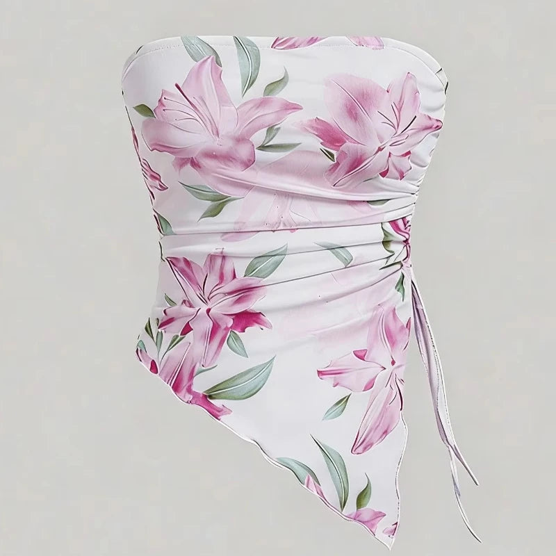 Women's Pink Tube Top Floral Print Ruched Side Tie Asymmetric Hem Sleeveless Strapless Top Spring Summer Fashion Casual Crop Top