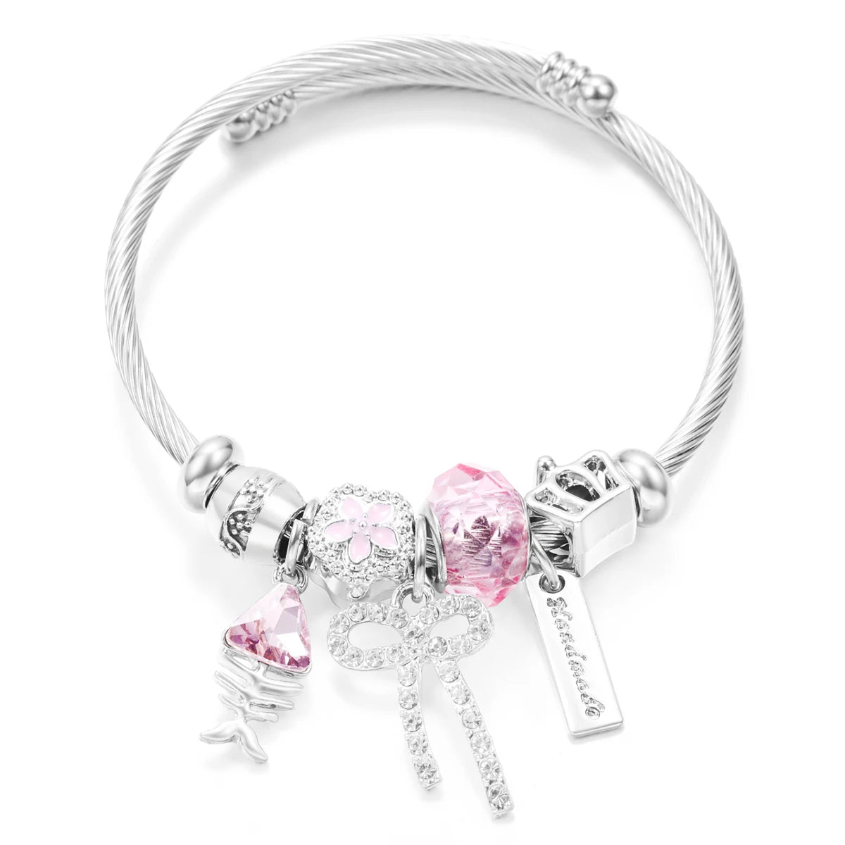 New Trendy Rhinestones Dragonfly Crystal Beaded Pendant Bracelet Stainless Steel 4 Colors Closure Bangles Women'S Bracelet Jewelry