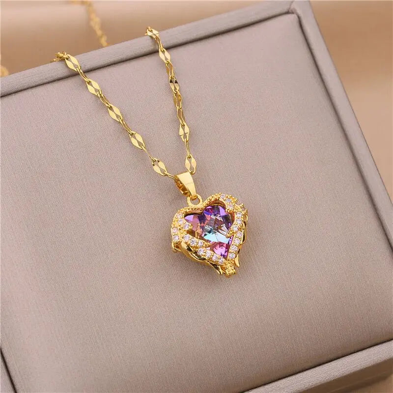 Top Luxury Colorful Crystal Ocean Heart Pendant Necklace For Women'S Trendy 316L Stainless Steel Jewelry Female Wedding Neck Chain