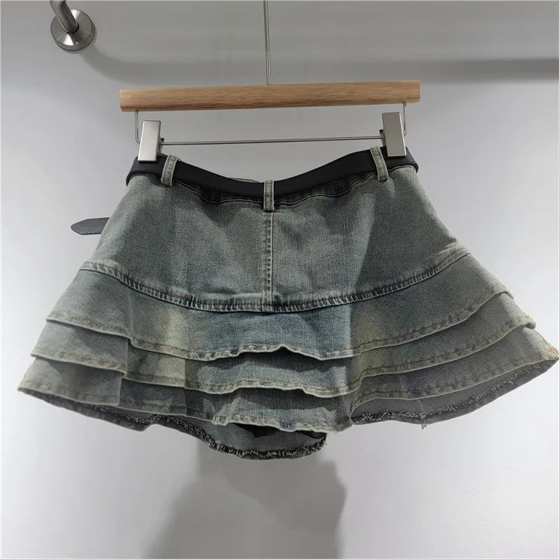 Women's Summer American Retro Style Y2K Short Denim Skirt Self-Tie Bow Sash High Rise Flattering A-Line Tier Cake Mini Skirts