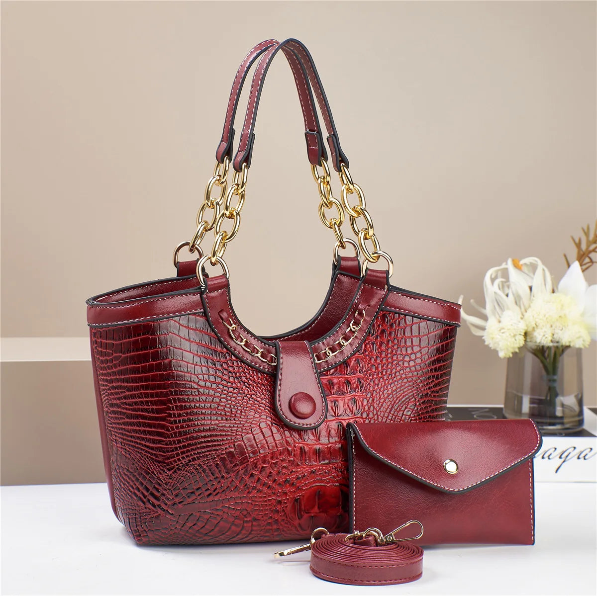 2-Piece Women's Crocodile Pattern Handbag and Shoulder Bag Set