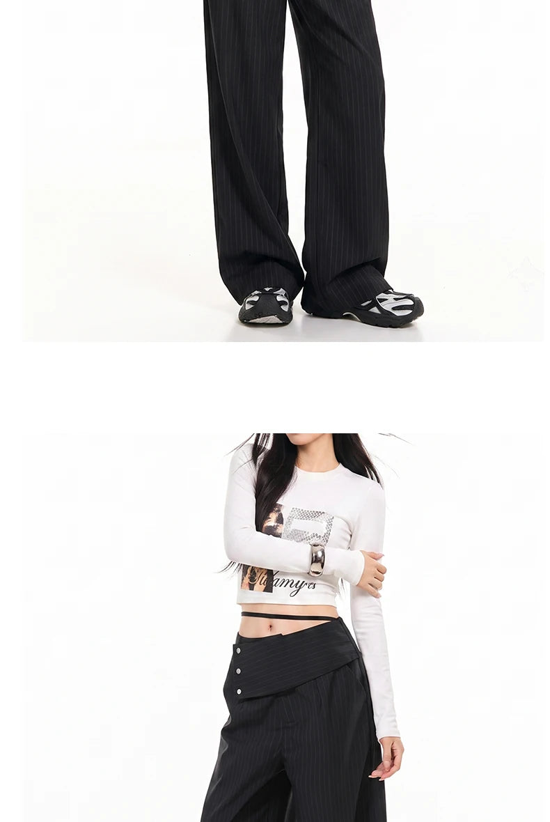 Detachable Skirt Panel Striped Suit Pants Women Turn Up Cuff Tie Waist Straight Wide Leg Trousers Loose Casual Streetwear Pants