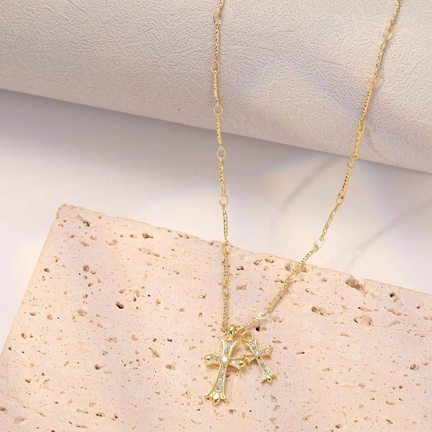 Cross Necklace K Gold Plated Double Cross Pendant With Diamond Accent Chain For Women Elegant Religious Gift