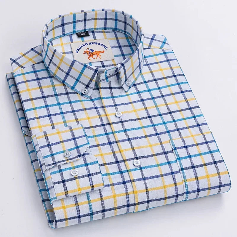 Premium Pure Cotton Oxford Shirt For Men Long Sleeve With Embroidered Horse Design Regular Fit White Dress Shirt
