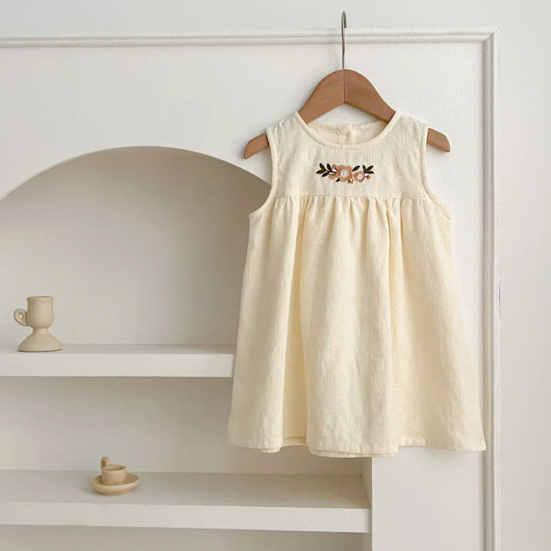 Girls Birthday Party Sisters Outfits Summer Green Apricot Floral Embroidery Sleeveless Bodysuit Vest Dress Baby Clothes H037