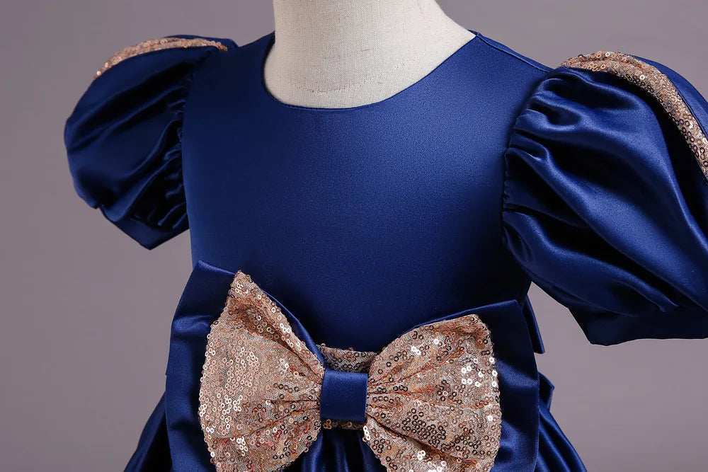Golden Bow Satin Girls Dress For Weddings Party Children's Pageant Ball Gown Kids Formal Evening Clothing 2-8 10 Years