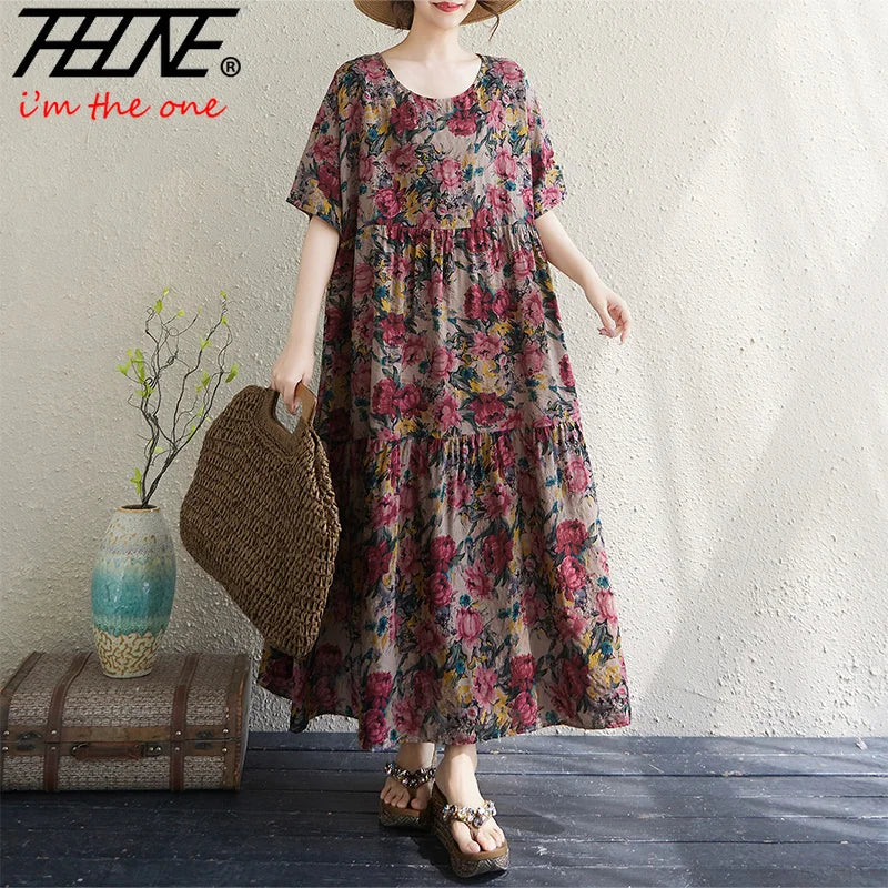 THHONE Vestido Feminino Summer Dresses for Women 2025 Bohemian Holiday Floral O Neck Short Sleeve Casual Print Women's Clothes