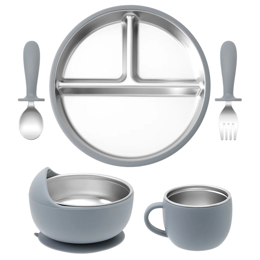 Color Kids 5Pcs Baby Feeding Set Stainless Steel Silicone Tableware Sucker Dishes Plate Bowl Training Fork Spoon Infant Cup