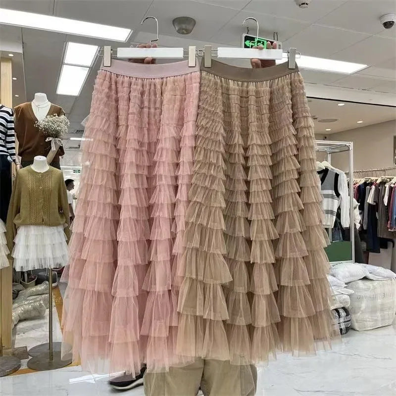 HOT Solid Multilayer Ruffle Mesh Skirt Women Boho High Waist Long Maxi Tulle Skirt Spring Summer Party Women's Clothing