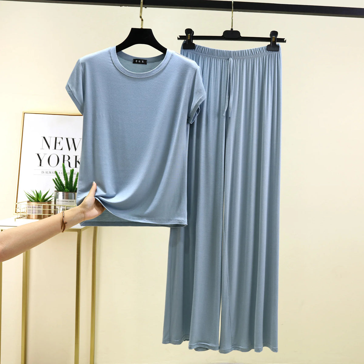 Women's Plus Size Pajama Set - Short Sleeve T-Shirt & Wide Leg Pants