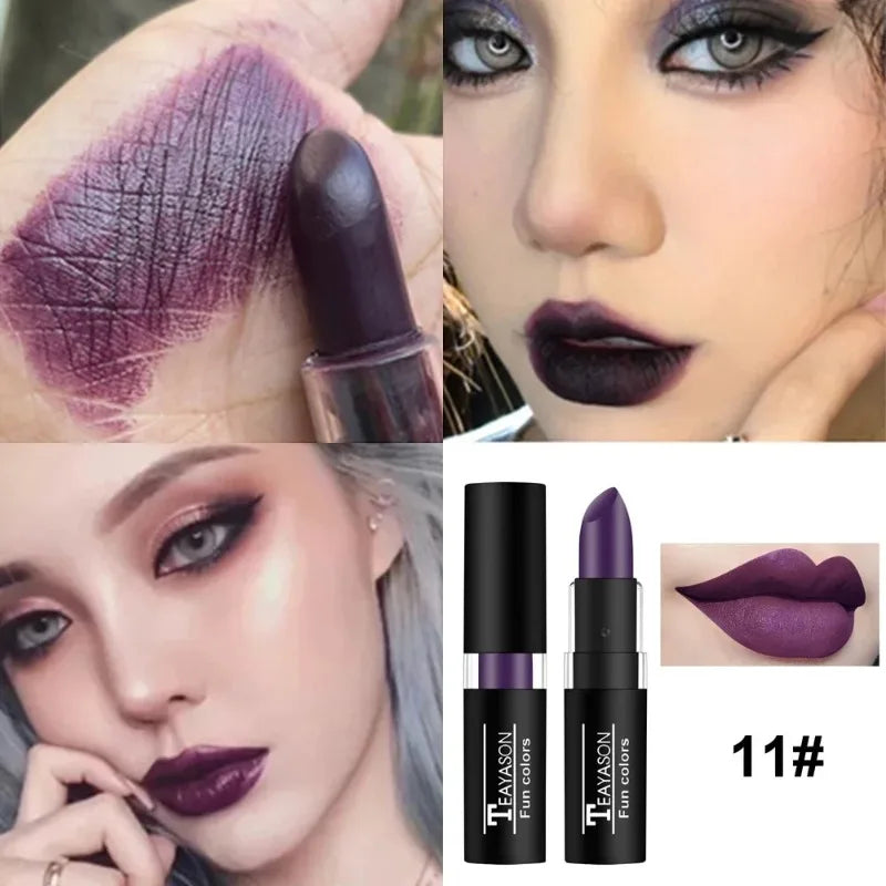 12 Colors Nude Lipstick Matte Velvety Vampire Makeup Punk Black Lip Gloss Smooth Waterproof Lasting Durable Dark Paint Cosmetics