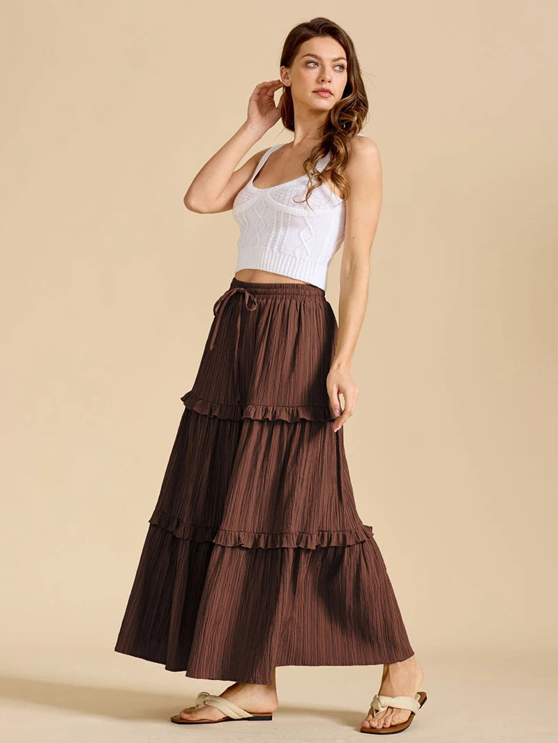Beiyingni 2025 New In Women's Skirt Pure Color Leisure Fashionable Lace-up A-line Long Maxi Skirts Female Simple Slim Faldas