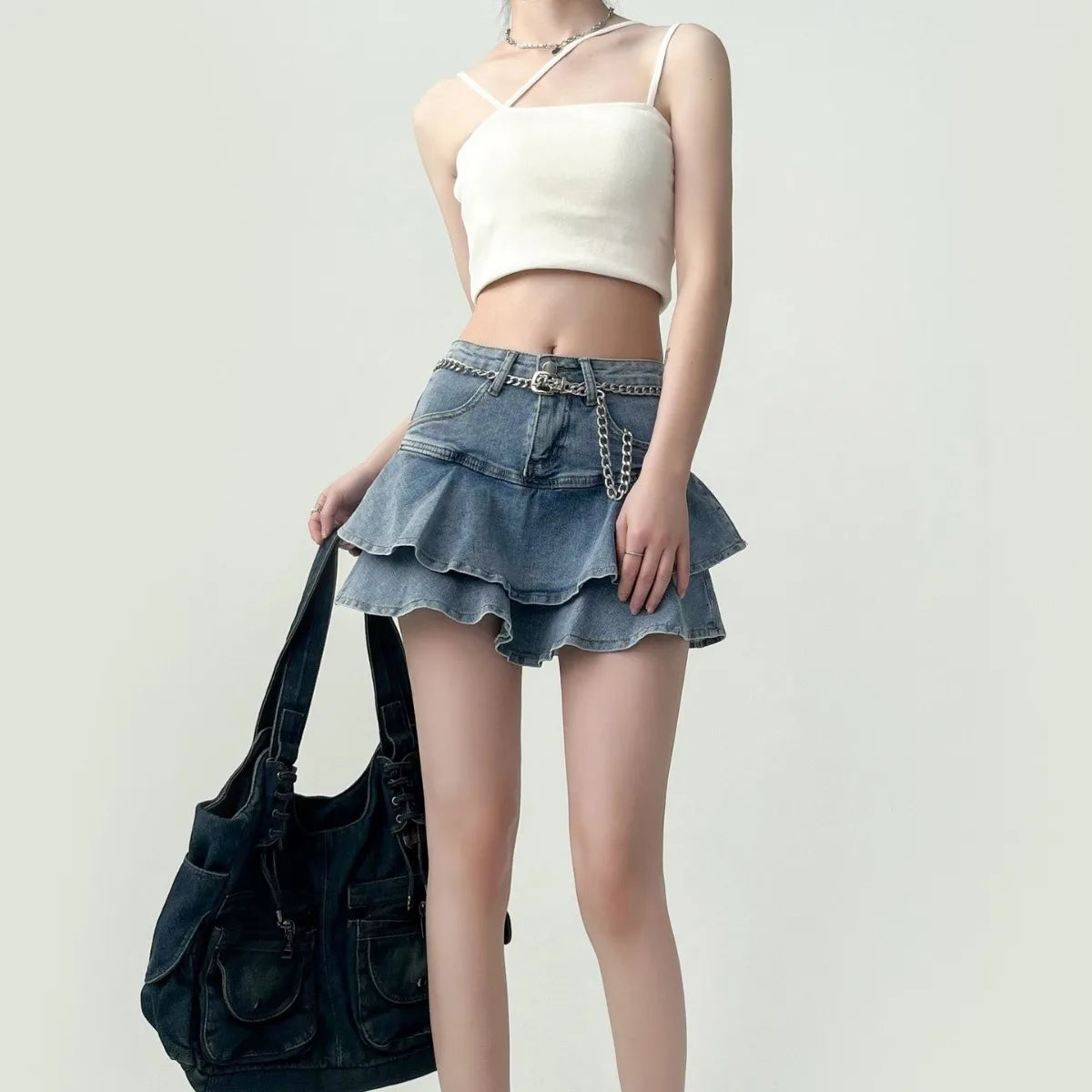 Summer Women High Waist Denim Cake Skirt A-Line Bodycon Mini Skort Casual E-Girl Street Skirt