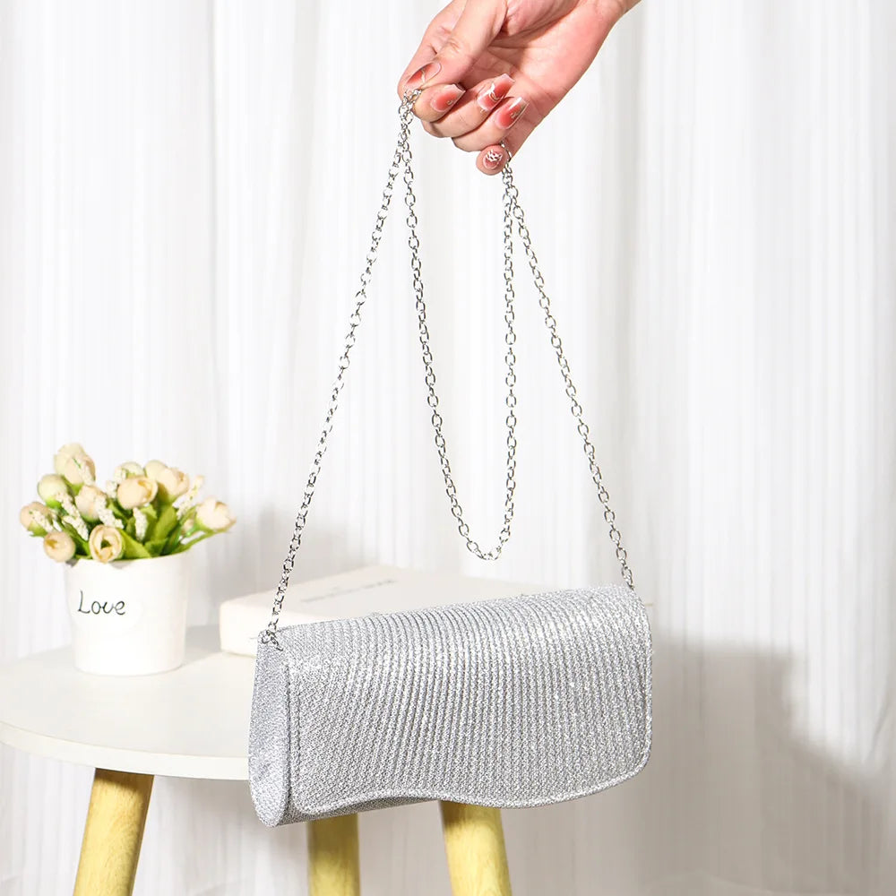 2026 New Women Fold Glitter Handbag Shiny Envelope Evening Bag Ladies Pleated Silver Clutch Chain Wedding Party Mini Long Purse