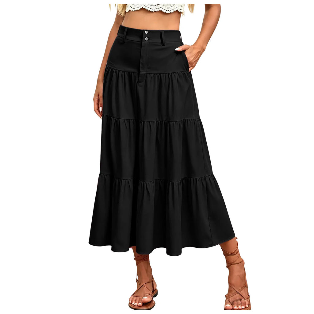 Damen High Waist Midi Mit Elastischem Bund Knopfleiste Eleganter A Linien Leichtem Material FüR Putifalda Corta Extrema Body