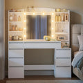 47.2in White Vanity Desk with LED Mirror Power Strip 8 Drawers 8 Shelves Bedroom