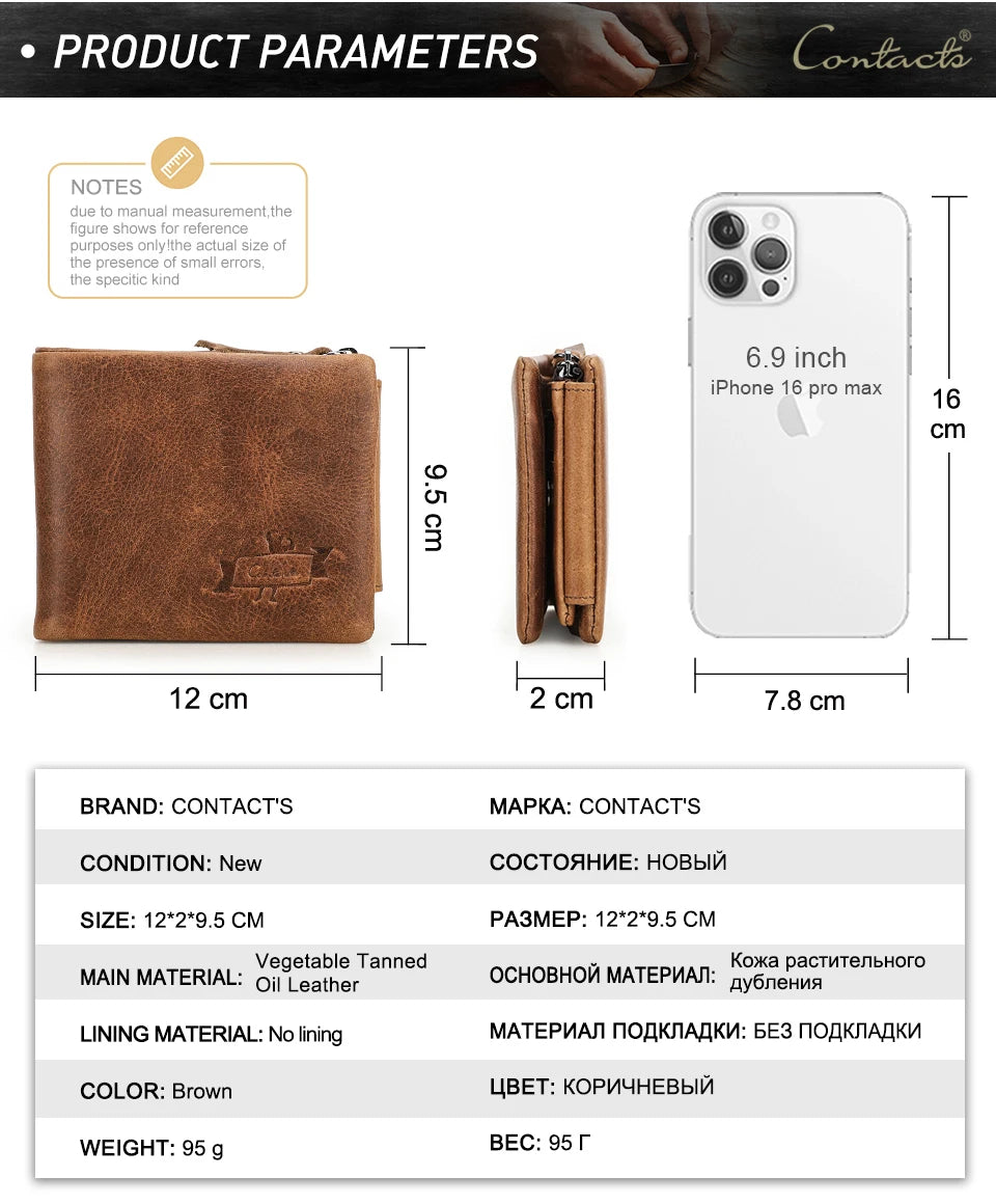 Contact’S Men’s Trifold Wallet - Genuine Crazy Horse Cowhide Leather