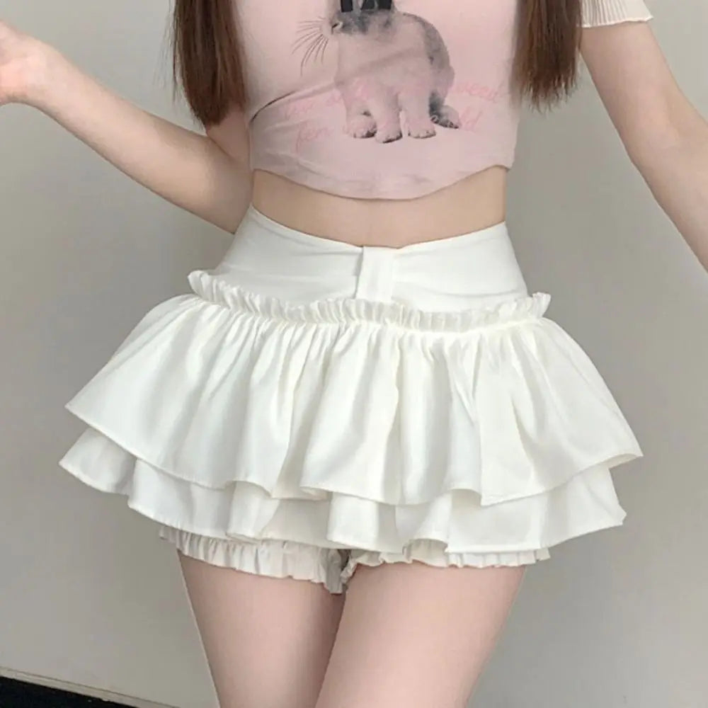 Sweet Double Layered Mini Cake Skirts A-line Ruffle High Waisted Pleated Skirt Korean Style Ball Gown Shorts Mini Skirt Cosplay