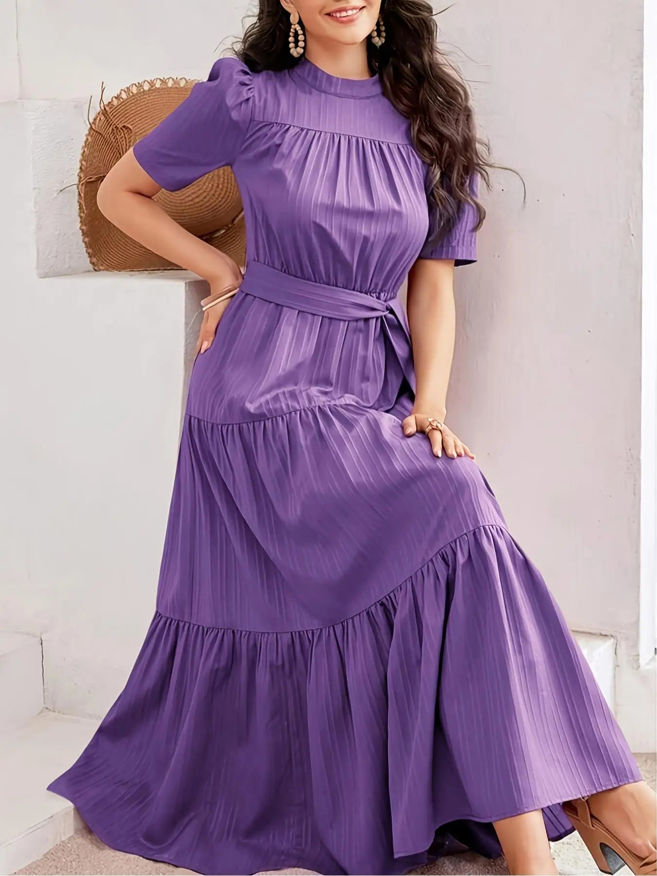 High Neck Dress, Bohemian Sweet Style, Self-Tie Waistband and Puff Sleeves, Perfect for Vacation, Dates, and Daily Wear