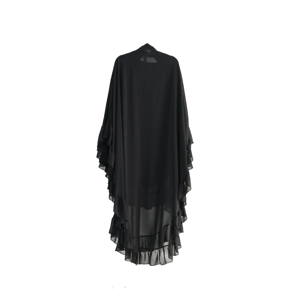 Ruffled Long Chiffon Muslim Abaya Solid Color One-piece Ramadan Khimar Abaya Headscarf Prayer Dress Dubai Saudi Black Robe