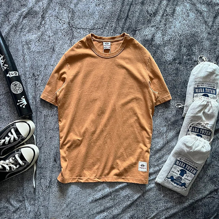 Tough Guy American Vintage Solid Color Round Neck Versatile Basic Commuter 100% Cotton Short Sleeve T-Shirt Men Tees Tops