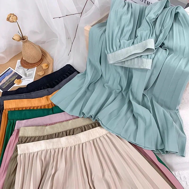 2026 Elegant High Waist Pleated Skirt for Women Mid-long Midi Skirt Female High Quality Black Saia