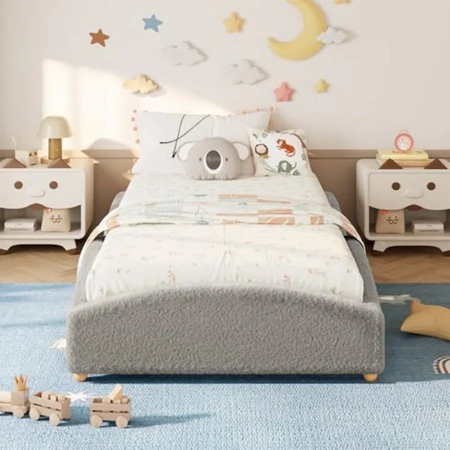 Twin Size Bed Frame for,Light Gray Fabric Upholstered with Wooden Slats and Hidden Storage Compartment