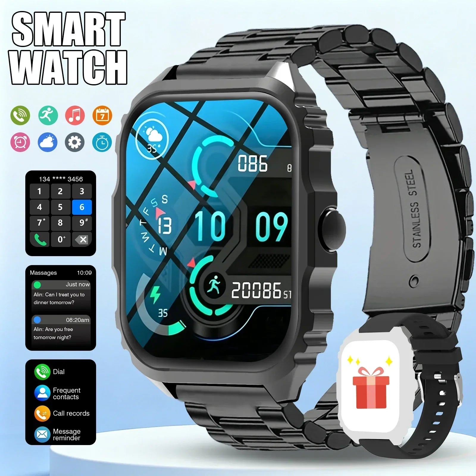 New Smart Watch 1.84 Inch HD Full Touch Screen Display Wireless Call,Answer Phone Watch,Multiple Sports Modes Outdoor Information Reminder Weather Display Music Control Photo Control, Suitable for Iphone & Android
