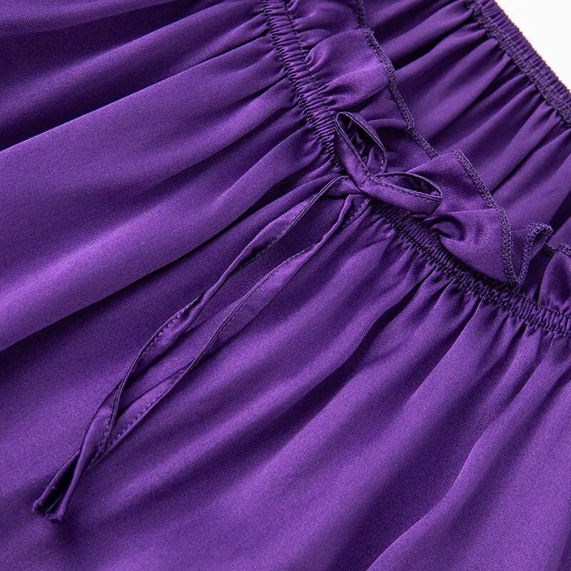 Loose 100%Silk Short Sleeve Nightgown, Summer Medium-long Satin Sleepwear Woman