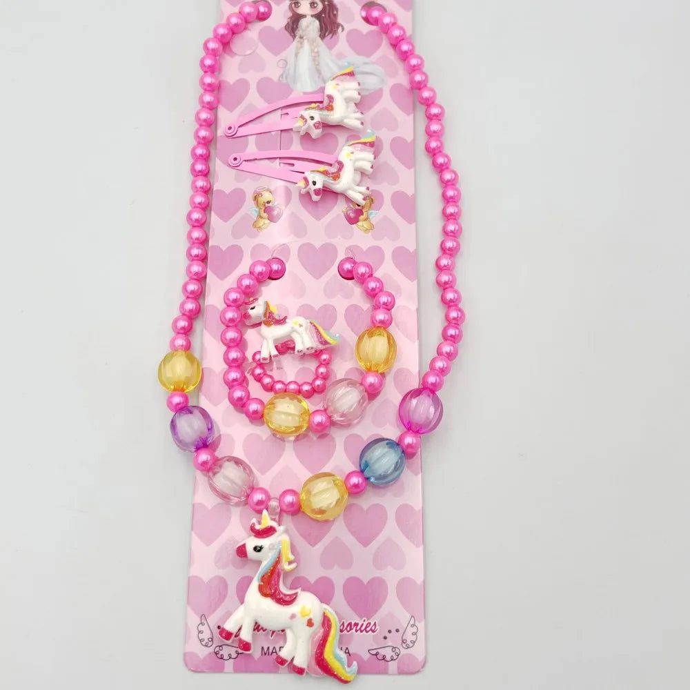 1 Set Handcrafted Unicorn Kids Beaded Jewelry Set Cute Animal Necklace Bracelet Ring And Hair Clips Set For Little Princess