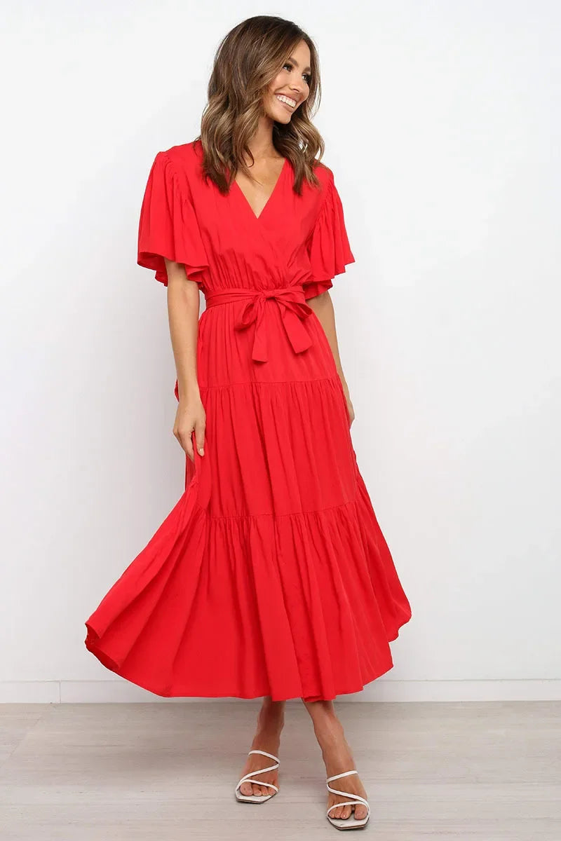 Summer Bohemian Long Dress Pure Color V-Neck Short Sleeve Empire Waist Design Floor Length with Belt Loose Fit Women's Dress