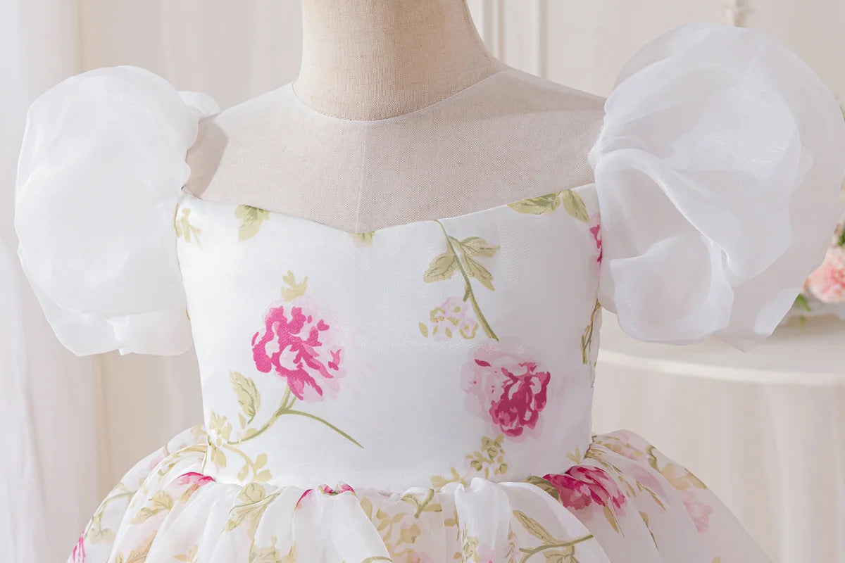 HETISO Girls Floral Chiffon Dress Korean Style Casual Birthday Gown White One-piece Summer Dress for Kids 2-10 Years